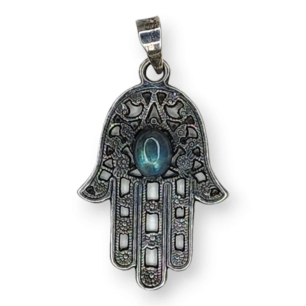 Vintage Hamsa Pendant Sterling Silver 925 Labradorite Blue Green 1.9